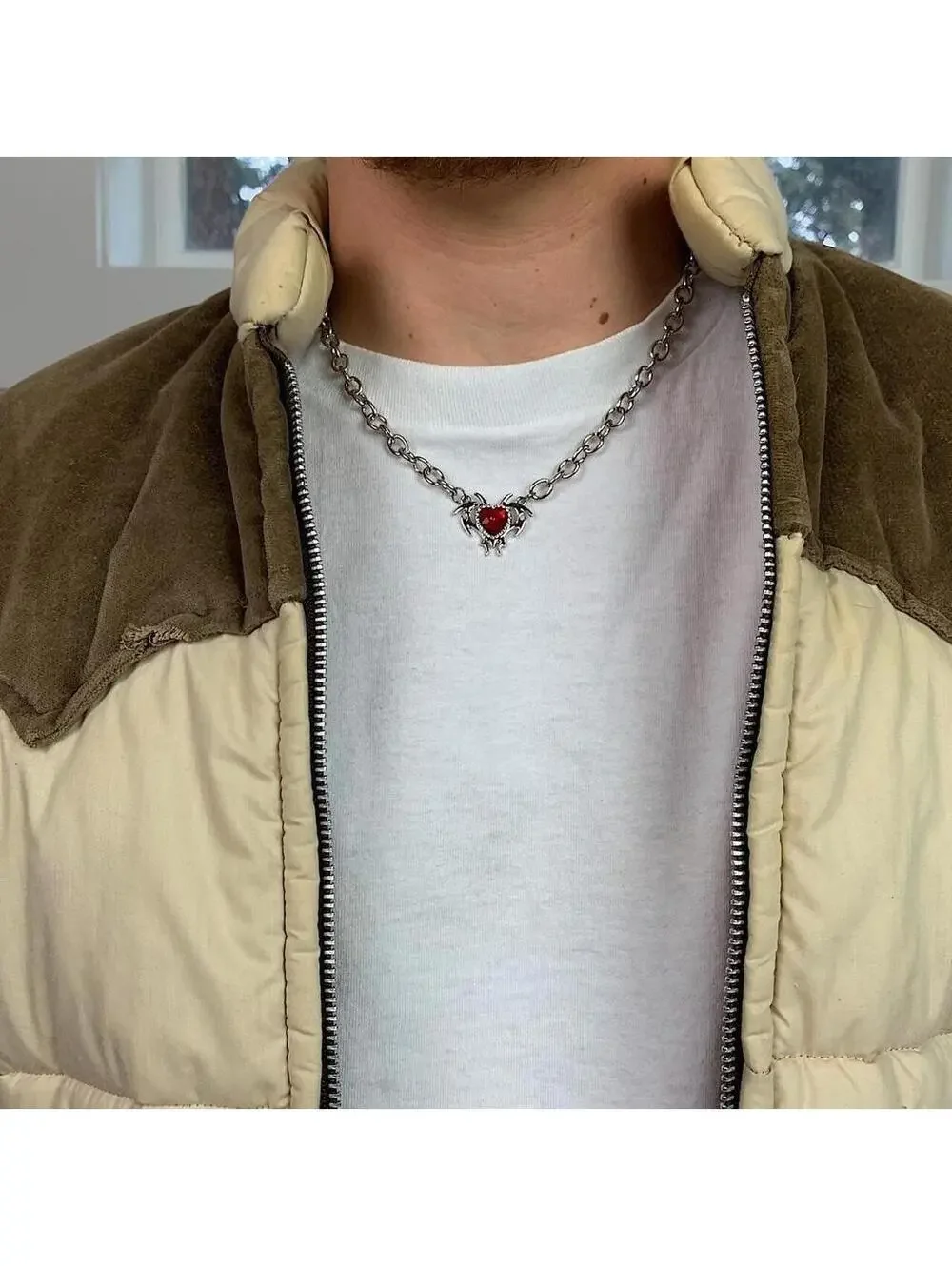 Red heart shaped opal love pendant thick chain y2k 2000s opium style necklace ch